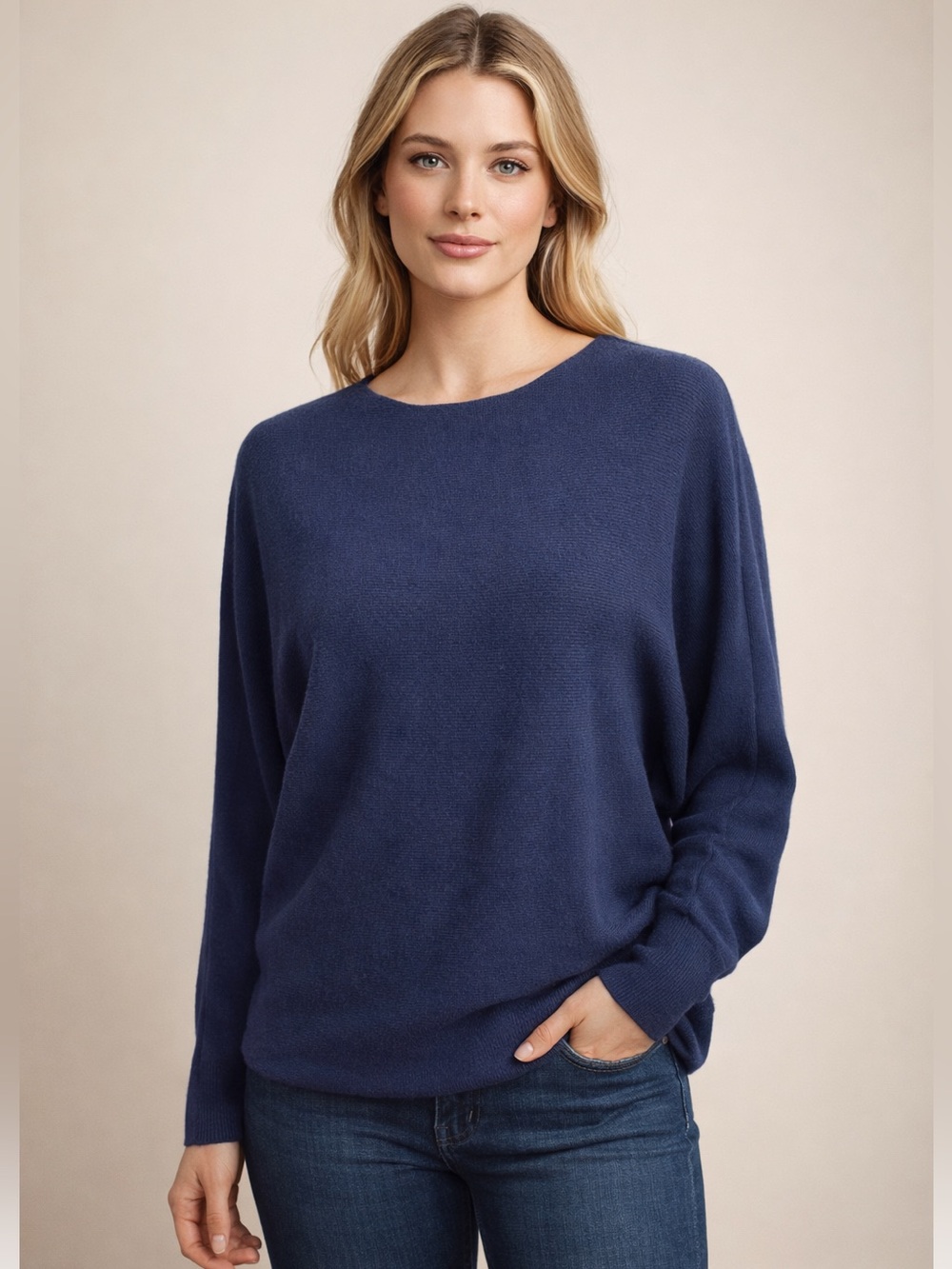 Vila Milano Navy Ribbed Dolman Sleeve Sweater, Small